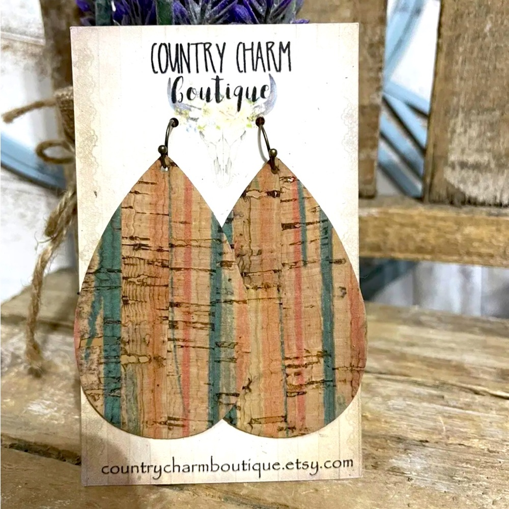 Genuine Leather BOHO Striped Cork Print Tear Drop Earrings NEW! - Picture 1 of 1